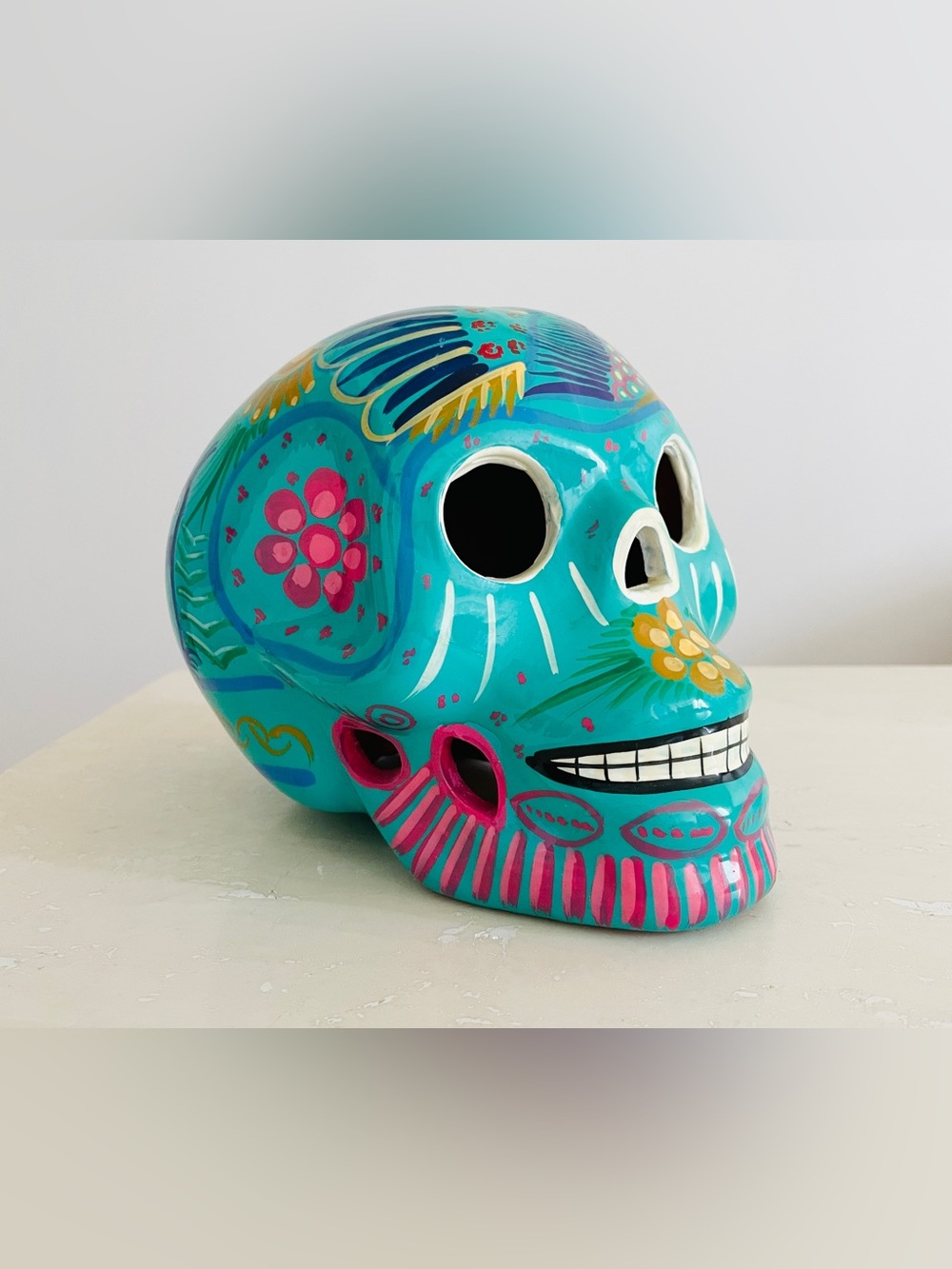 Hand Painted Handmade Folk Art Ceramic Skull Day of Dead Mexico